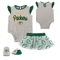 Newborn Heather Gray/Green Green Bay Packers All Dolled Up Three-Piece Bodysuit, Skirt & Booties Set