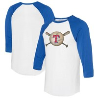 Women's Tiny Turnip White/Royal Texas Rangers Baseball Cross Bats 3/4-Sleeve Raglan T-Shirt