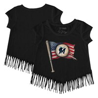 Girls Toddler Tiny Turnip Black Miami Marlins Baseball Flag Fringe T-Shirt