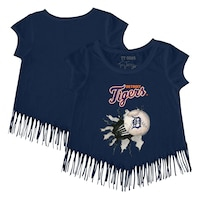 Girls Toddler Tiny Turnip Navy Detroit Tigers Baseball Tear Fringe T-Shirt