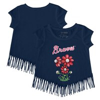 Girls Toddler Tiny Turnip Navy Atlanta Braves Blooming Baseballs Fringe T-Shirt
