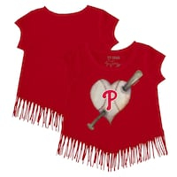 Girls Toddler Tiny Turnip Red Philadelphia Phillies Heart Bat Fringe T-Shirt