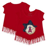 Girls Youth Tiny Turnip Red Los Angeles Angels Baseball Bow Fringe T-Shirt