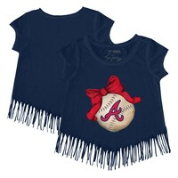 Girls Youth Tiny Turnip Navy Atlanta Braves Baseball Bow Fringe T-Shirt