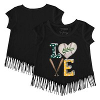 Girls Youth Tiny Turnip Black Oakland Athletics Baseball Love Fringe T-Shirt