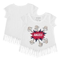 Girls Youth Tiny Turnip White Los Angeles Angels Baseball Pow Fringe T-Shirt