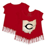 Girls Youth Tiny Turnip Red Cincinnati Reds State Outline Fringe T-Shirt