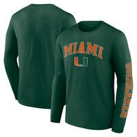 Men's Fanatics Branded Green Miami Hurricanes Distressed Arch Over Logo Long Sleeve T-Shirt