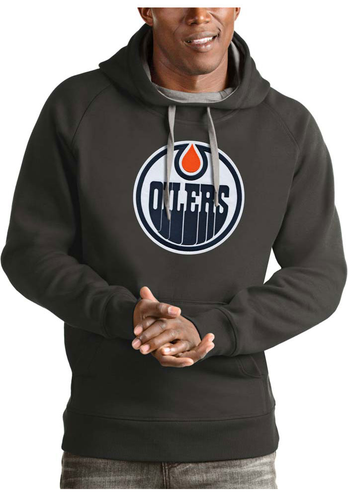 Antigua Edmonton Oilers Mens Charcoal Victory Long Sleeve Hoodie, Charcoal, 52% COT / 48% POLY, Size XL