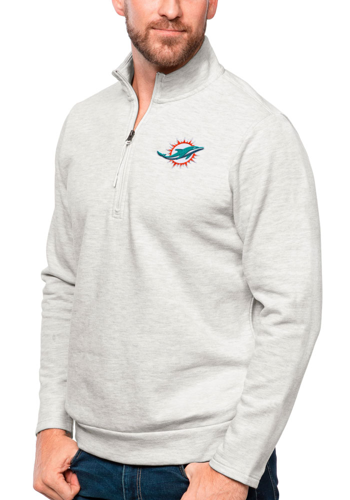 Antigua Miami Dolphins Mens Grey Gambit Long Sleeve 1/4 Zip Pullover, Grey, 80% COTTON / 20% POLYESTER, Size XL