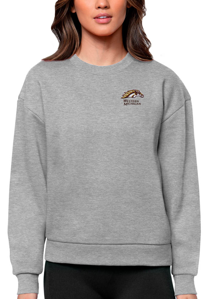Antigua Western Michigan Broncos Womens Grey Victory Crew Sweatshirt, Grey, 65% COTTON / 35% POLYESTER, Size XL