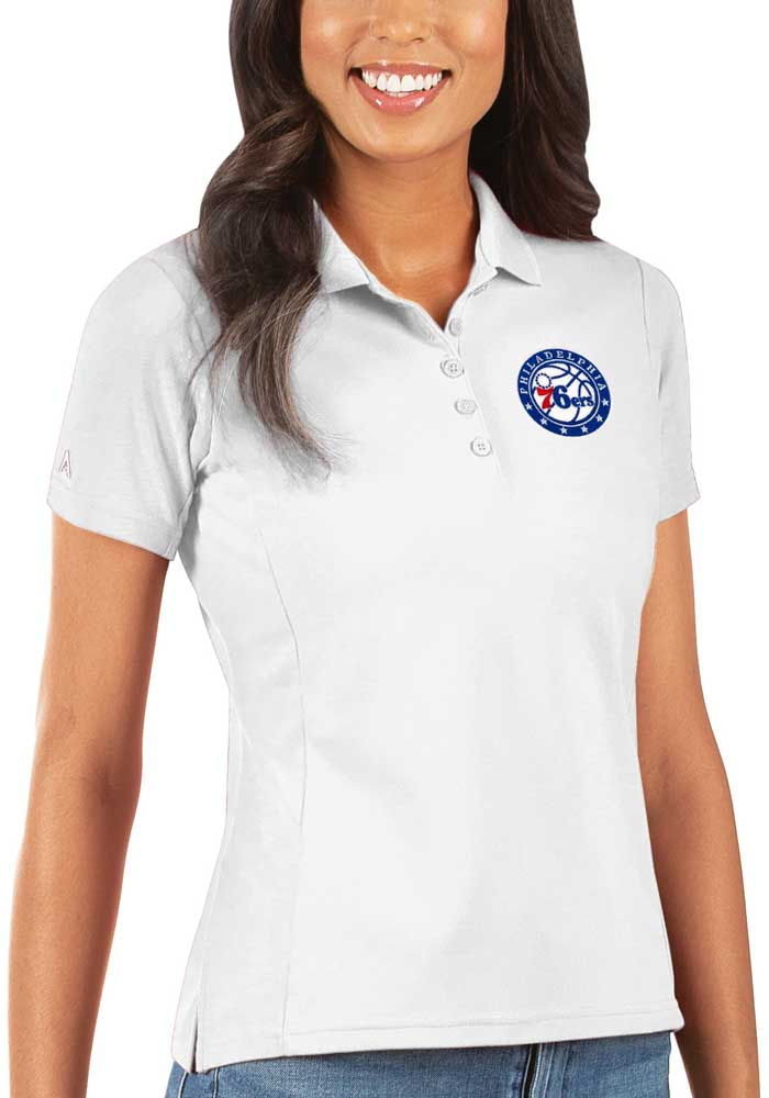 Antigua Philadelphia 76ers Womens White Legacy Pique Short Sleeve Polo Shirt, White, 100% POLYESTER, Size XS