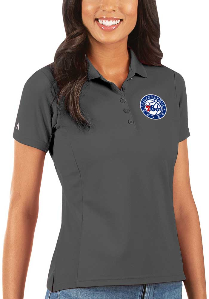 Antigua Philadelphia 76ers Womens Grey Legacy Pique Short Sleeve Polo Shirt, Grey, 100% POLYESTER, Size XS