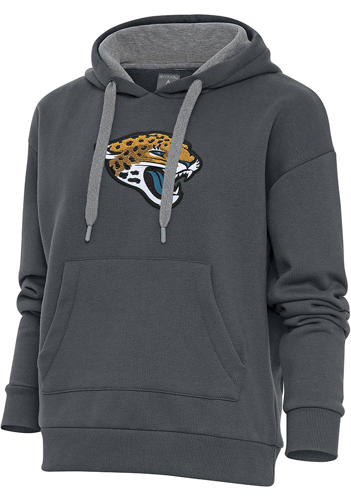 Antigua Jacksonville Jaguars Womens Charcoal Chenille Logo Victory Hooded Sweatshirt, Charcoal, 52% COT / 48% POLY, Size XL
