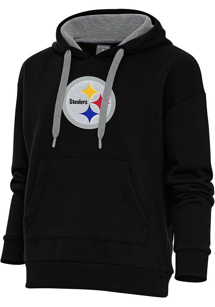 Antigua Pittsburgh Steelers Womens Black Chenille Logo Victory Hooded Sweatshirt, Black, 52% COT / 48% POLY, Size XL