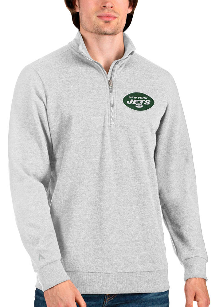 Antigua New York Jets Mens Grey Action Long Sleeve 1/4 Zip Pullover, Grey, 55% COTTON / 45% POLYESTER, Size XL