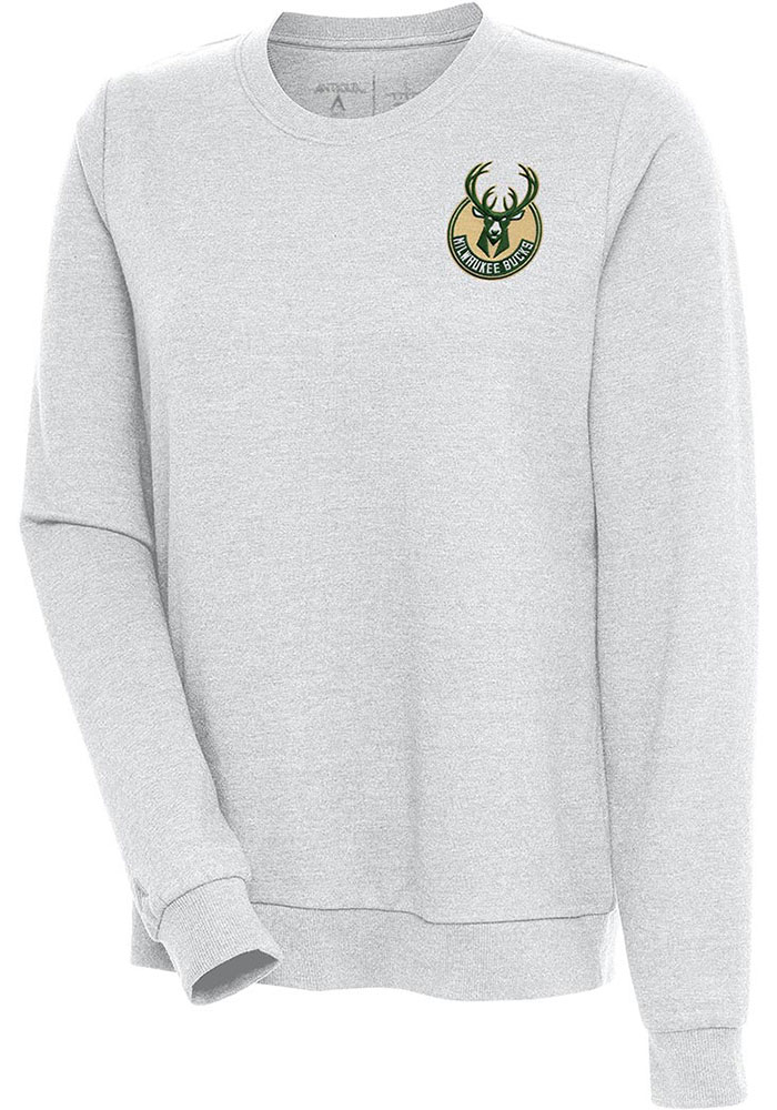 Antigua Milwaukee Bucks Womens Grey Action Crew Sweatshirt, Grey, 55% COTTON / 45% POLYESTER, Size XL