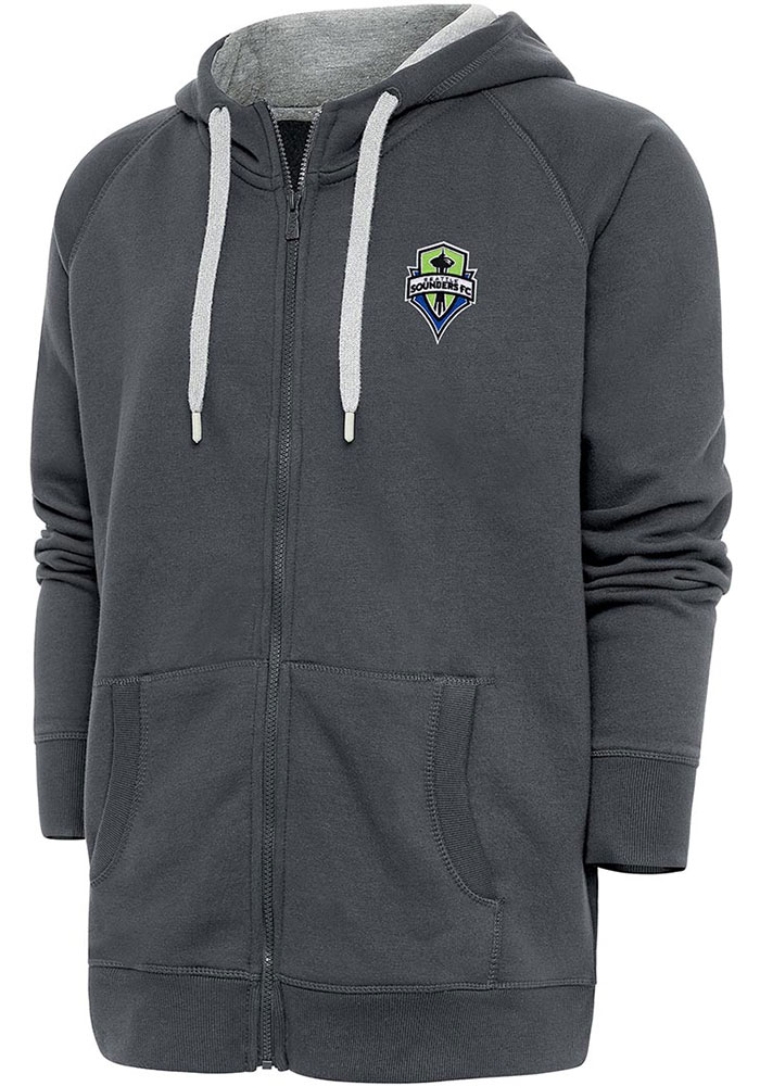 Antigua Seattle Sounders FC Mens Charcoal Victory Long Sleeve Full Zip Jacket, Charcoal, 65% COTTON / 35% POLYESTER, Size XL