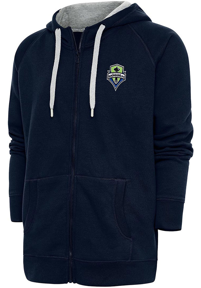 Antigua Seattle Sounders FC Mens Navy Blue Victory Long Sleeve Full Zip Jacket, Navy Blue, 65% COTTON / 35% POLYESTER, Size XL