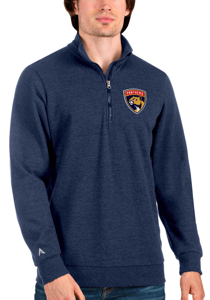 Antigua Florida Panthers Mens Navy Blue Action Long Sleeve 1/4 Zip Pullover, Navy Blue, 55% COTTON / 45% POLYESTER, Size XL