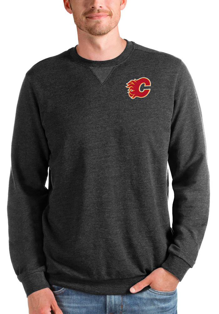 Antigua Calgary Flames Mens Black Reward Long Sleeve Crew Sweatshirt, Black, 55% COTTON / 45% POLYESTER, Size XL