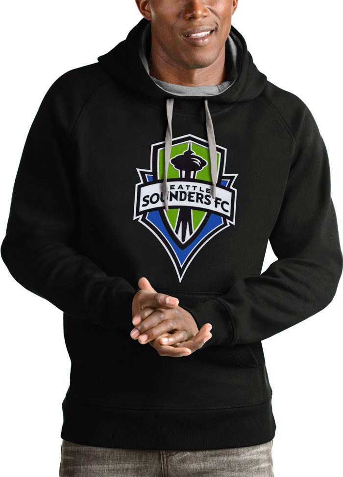 Antigua Seattle Sounders FC Mens Black Victory Long Sleeve Hoodie, Black, 65% COTTON / 35% POLYESTER, Size XL