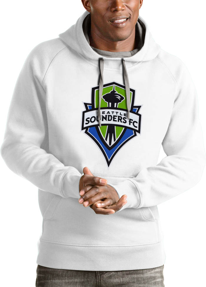 Antigua Seattle Sounders FC Mens White Victory Long Sleeve Hoodie, White, 65% COTTON / 35% POLYESTER, Size XL