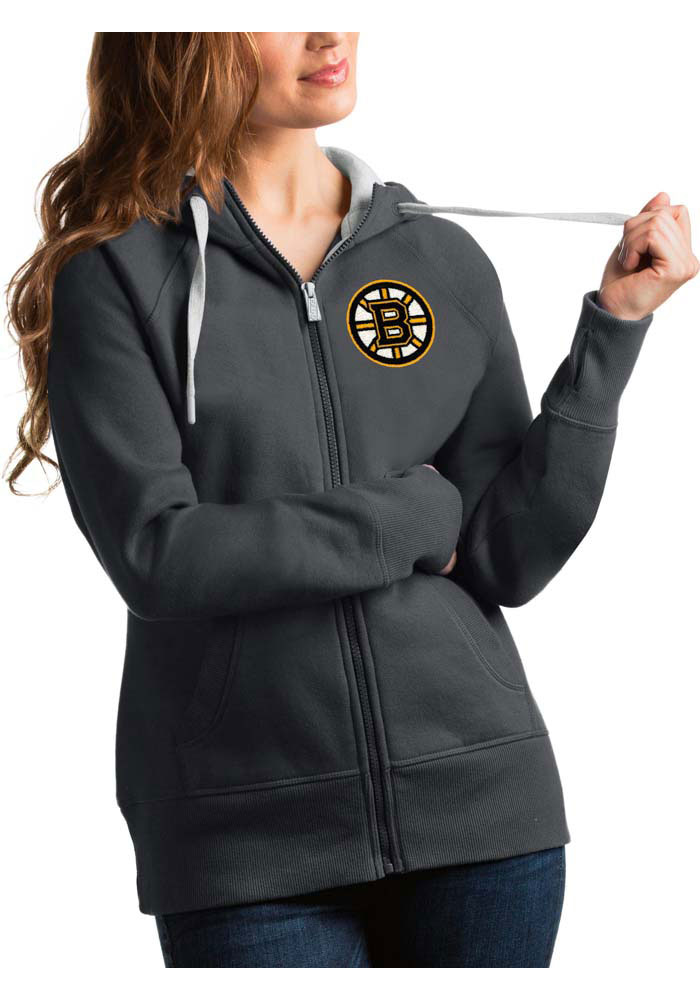 Antigua Boston Bruins Womens Charcoal Victory Full Long Sleeve Full Zip Jacket, Charcoal, 52% COT / 48% POLY, Size XL