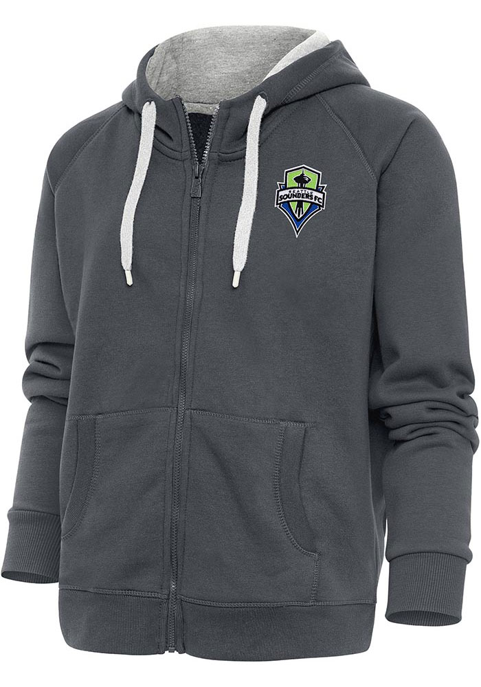 Antigua Seattle Sounders FC Womens Charcoal Victory Long Sleeve Full Zip Jacket, Charcoal, 65% COTTON / 35% POLYESTER, Size XL