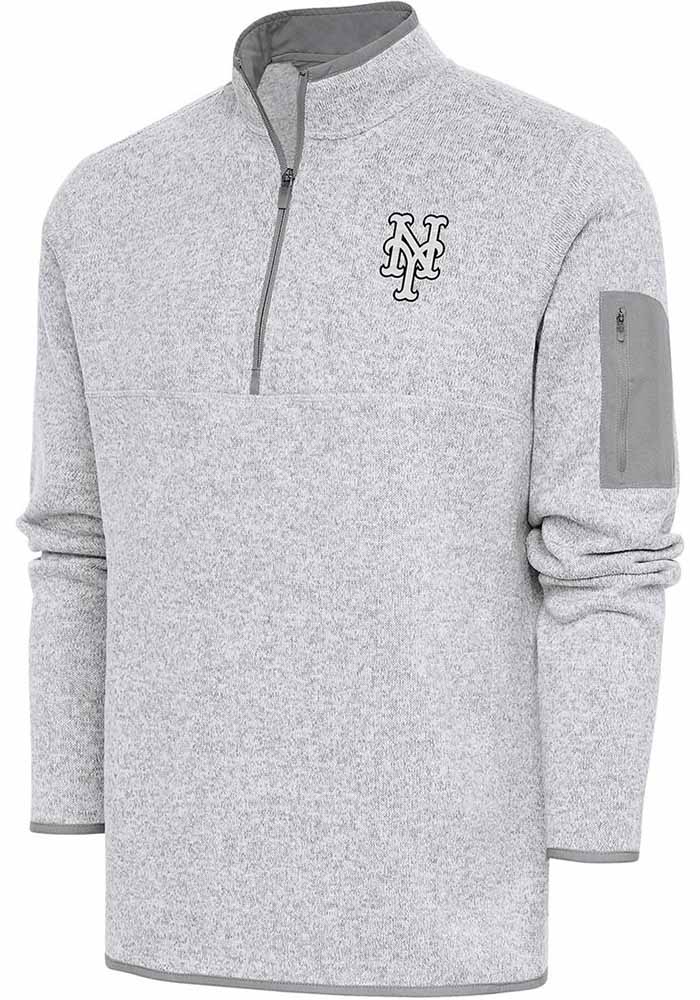 Antigua New York Mets Mens Grey Metallic Logo Fortune Long Sleeve 1/4 Zip Pullover, Grey, 100% POLYESTER, Size XL