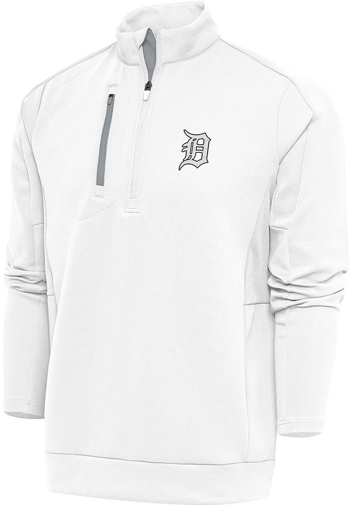 Antigua Detroit Tigers Mens White Metallic Logo Generation Long Sleeve 1/4 Zip Pullover, White, 90 % POLYESTER / 10% SPANDEX, Size XL