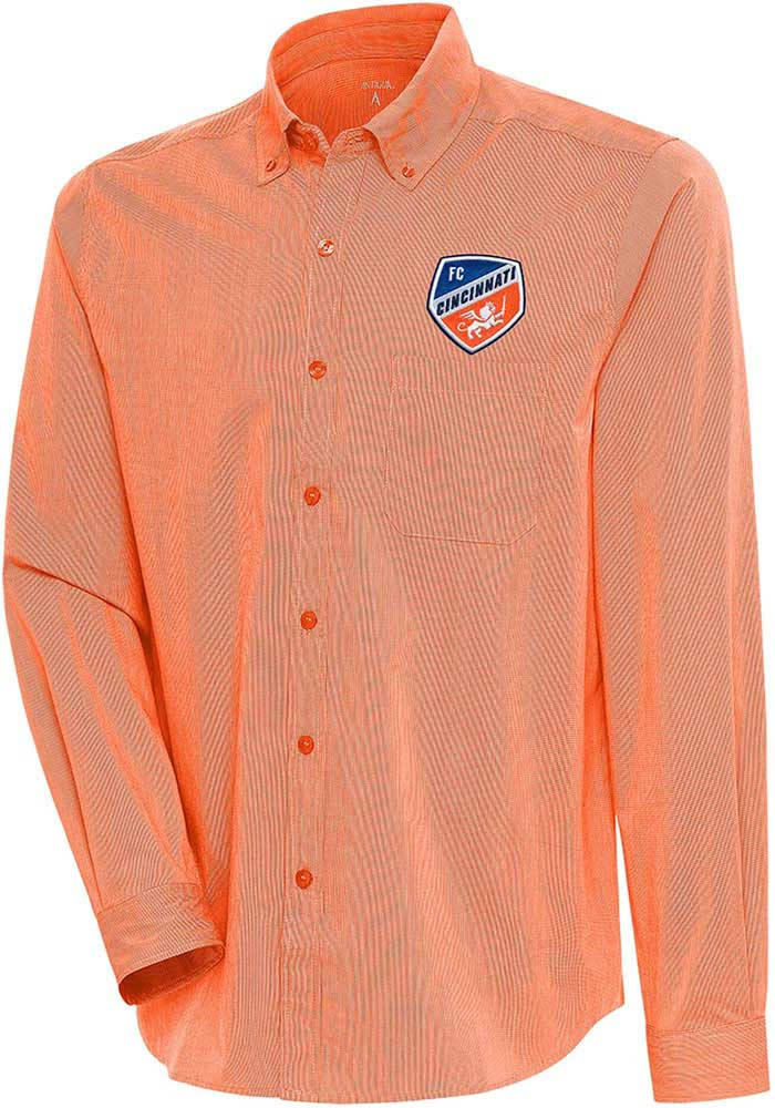 Antigua FC Cincinnati Mens Orange Compression Long Sleeve Dress Shirt, Orange, 70% Cotton / 27% Polyester / 3% Spandex, Size XL