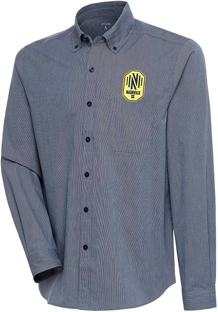 Antigua Nashville SC Mens Navy Blue Compression Long Sleeve Dress Shirt, Navy Blue, 70% Cotton / 27% Polyester / 3% Spandex, Size XL