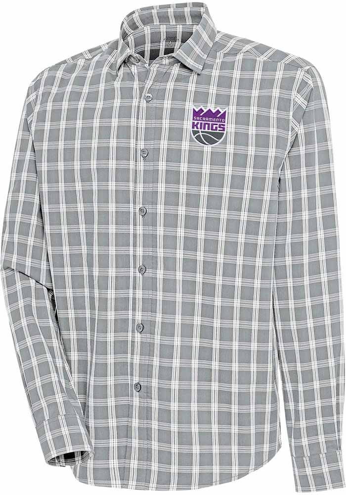 Antigua Sacramento Kings Mens Grey Carry Long Sleeve Dress Shirt, Grey, 65% COTTON / 32% POLYESTER / 3% SPANDEX, Size M
