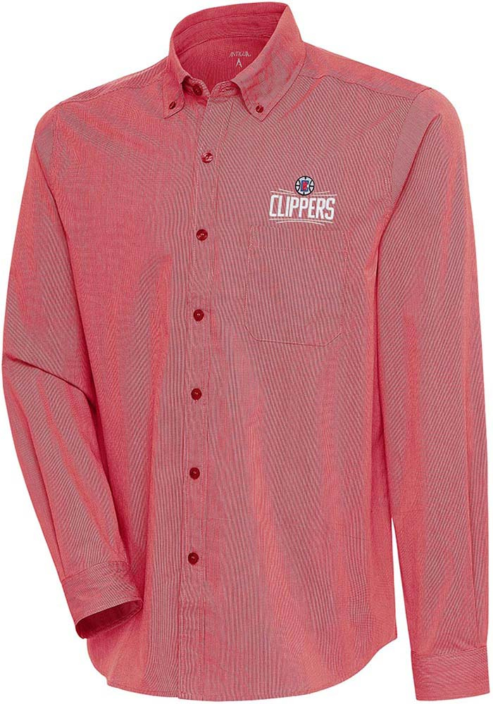 Antigua Los Angeles Clippers Mens Red Compression Long Sleeve Dress Shirt, Red, 70% Cotton / 27% Polyester / 3% Spandex, Size XL