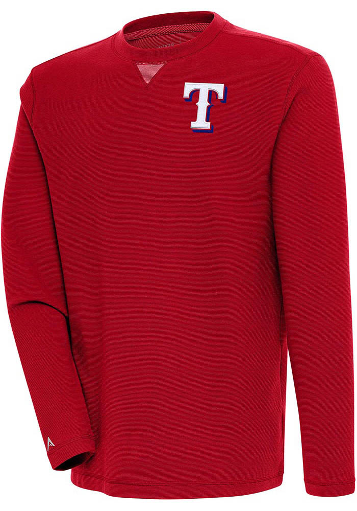 Antigua Texas Rangers Mens Red Flier Bunker Long Sleeve Crew Sweatshirt, Red, 86% COTTON / 11% POLYESTER / 3% SPANDEX, Size XL