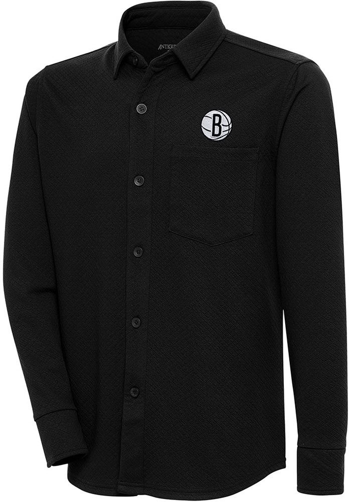Antigua Brooklyn Nets Mens Black Steamer Shacket Long Sleeve Dress Shirt, Black, 95% POLYESTER / 5% SPANDEX, Size XL