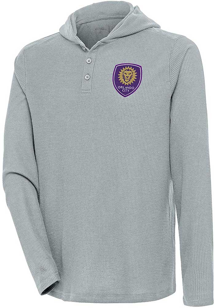 Antigua Orlando City SC Mens Grey Strong Hold Long Sleeve Hoodie, Grey, 100% POLYESTER, Size XL