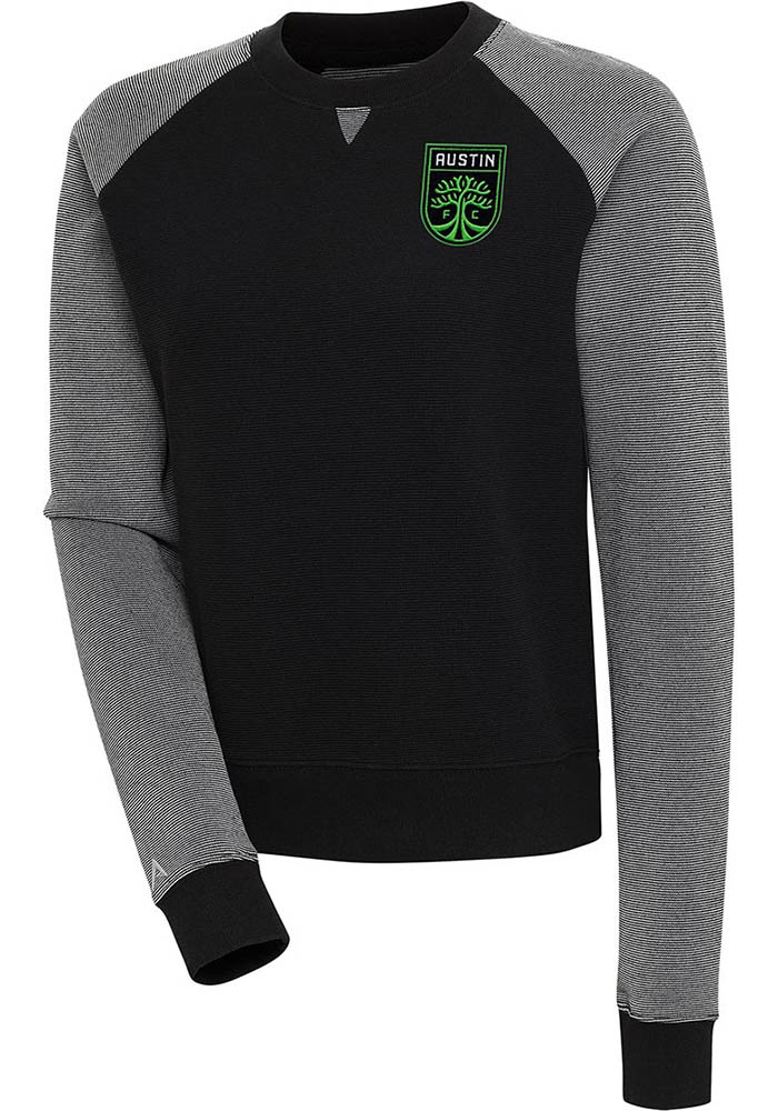 Antigua Austin FC Womens Black Flier Bunker Crew Sweatshirt, Black, 86% COTTON / 11% POLYESTER / 3% SPANDEX, Size XL
