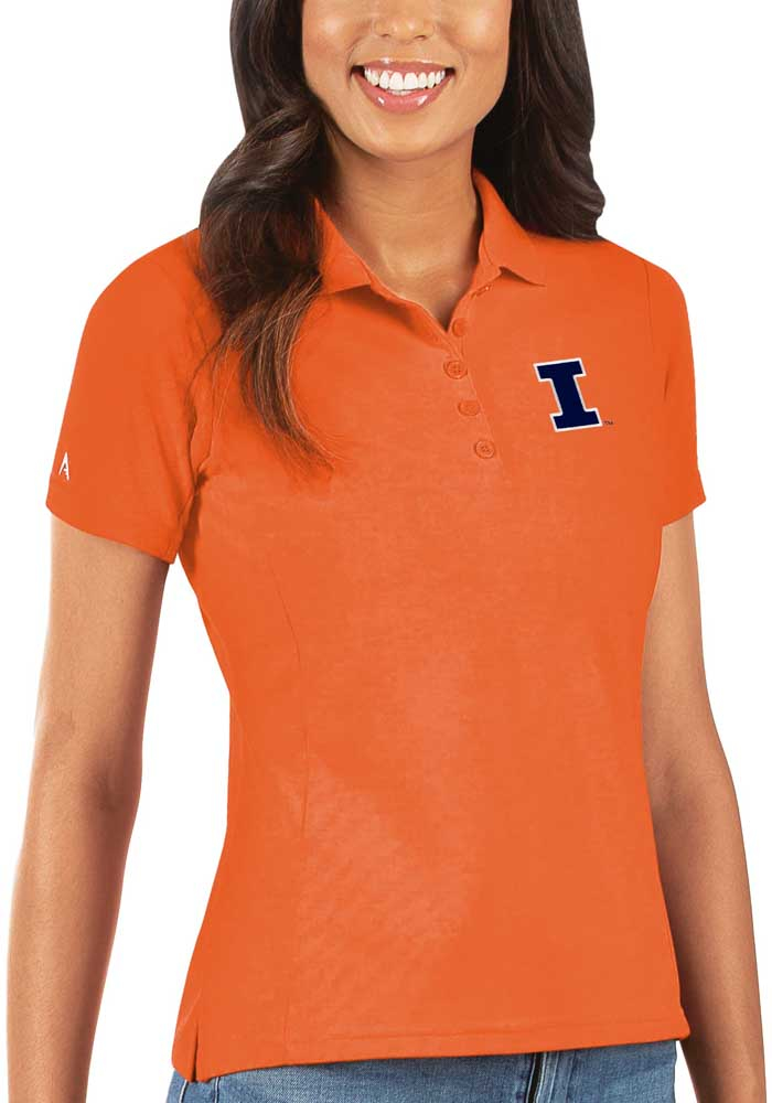 Antigua Illinois Fighting Illini Womens Orange Legacy Pique Short Sleeve Polo Shirt, Orange, 100% POLYESTER, Size XS
