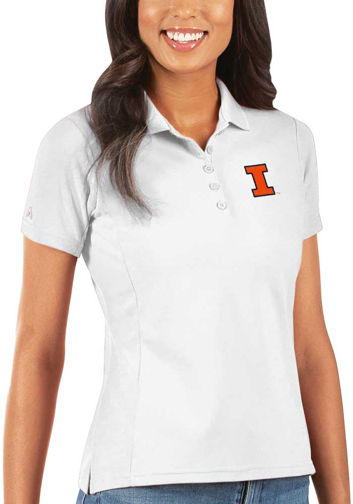 Antigua Illinois Fighting Illini Womens White Legacy Pique Short Sleeve Polo Shirt, White, 100% POLYESTER, Size XS