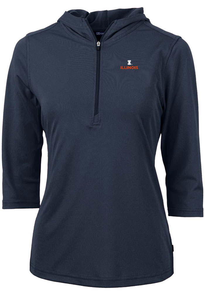 Cutter and Buck Illinois Fighting Illini Womens Navy Blue Virtue Eco Pique Hooded Sweatshirt, Navy Blue, 95% POLYESTER / 5% SPANDEX, Size XS