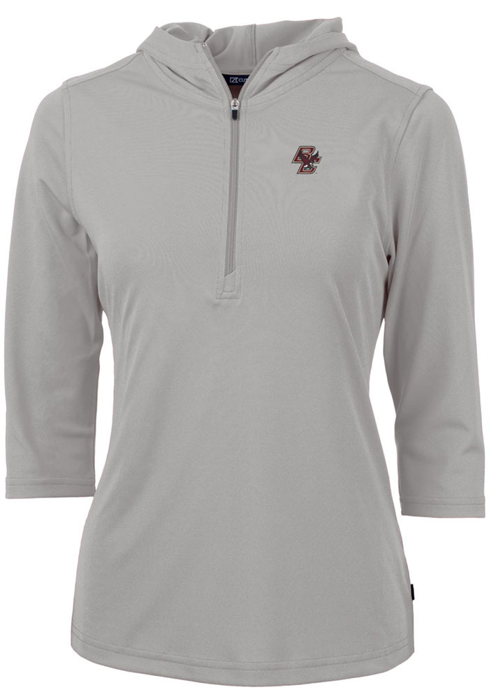 Cutter and Buck Boston College Eagles Womens Grey Virtue Eco Pique Hooded Sweatshirt, Grey, 95% POLYESTER / 5% SPANDEX, Size XS