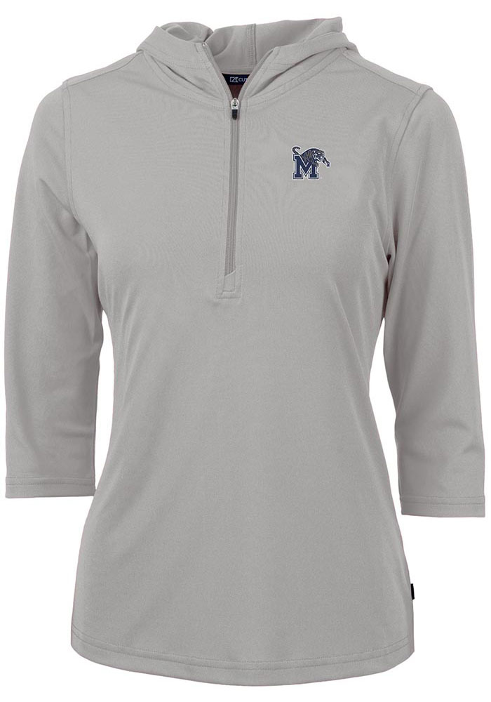 Cutter and Buck Memphis Tigers Womens Grey Virtue Eco Pique Hooded Sweatshirt, Grey, 95% POLYESTER / 5% SPANDEX, Size XS