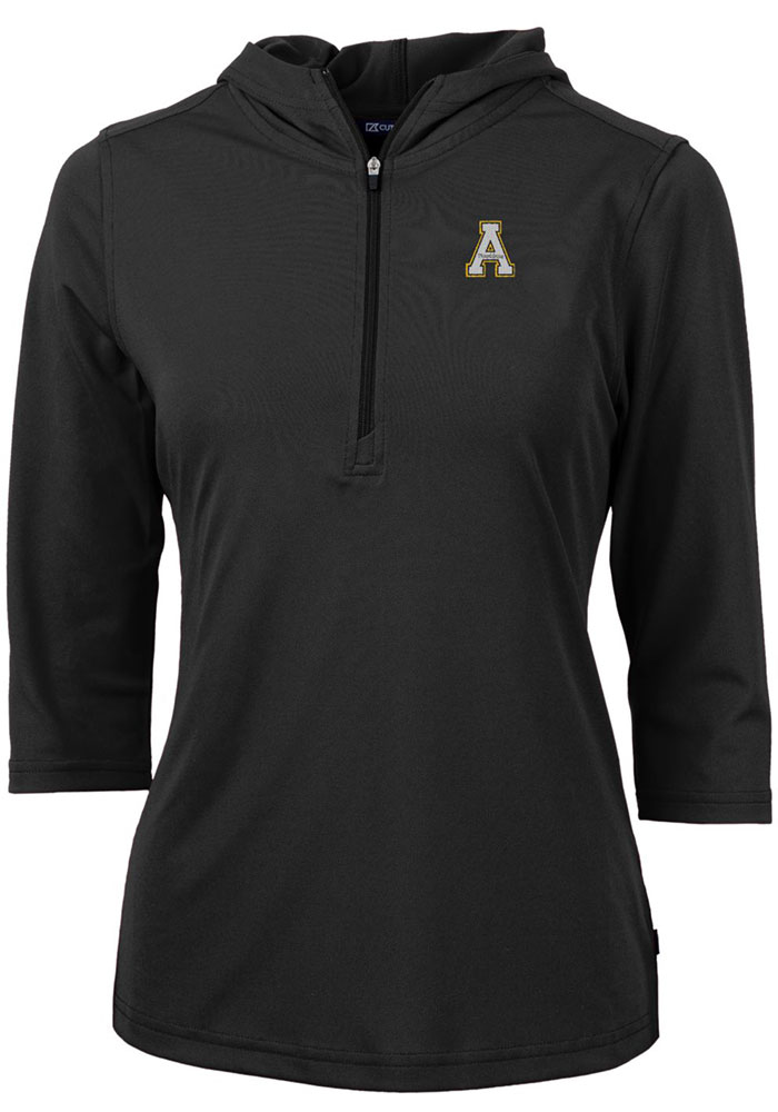 Cutter and Buck Appalachian State Mountaineers Womens Black Virtue Eco Pique Hooded Sweatshirt, Black, 95% POLYESTER / 5% SPANDEX, Size XS