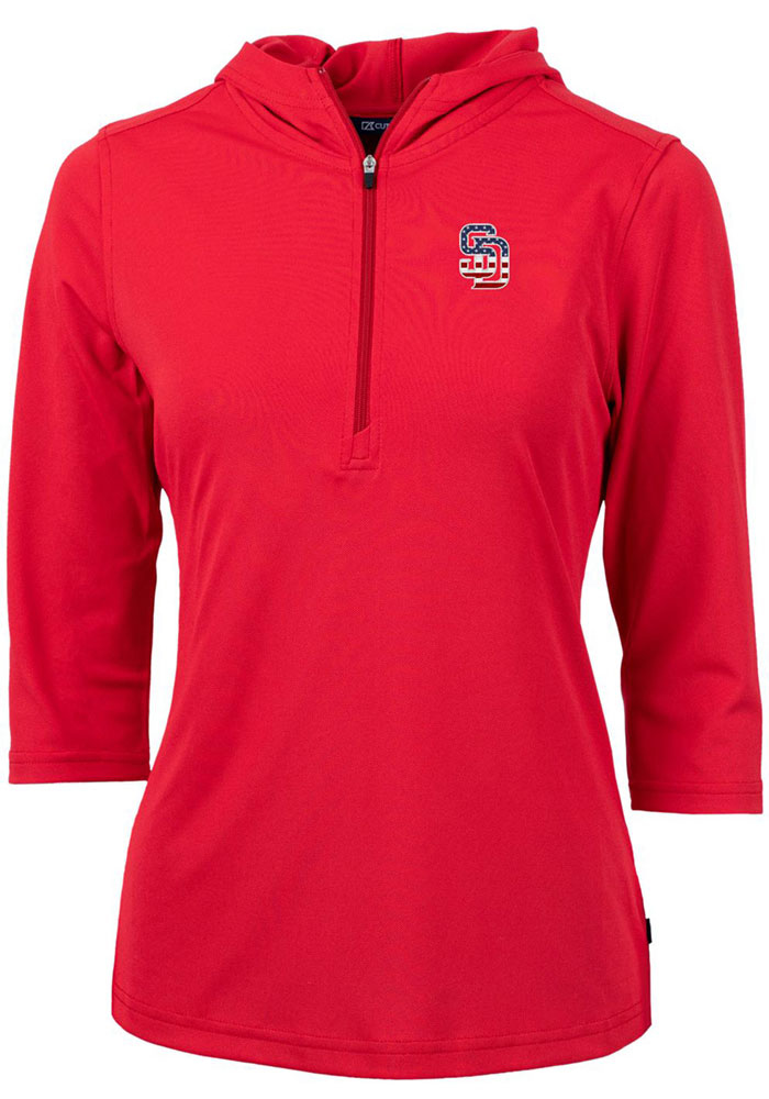 Cutter and Buck San Diego Padres Womens Red Virtue Eco Pique Hooded Sweatshirt, Red, 95% POLYESTER / 5% SPANDEX, Size XS