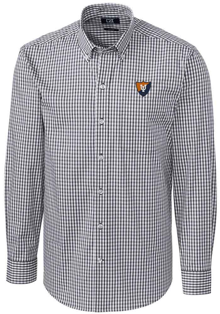 Cutter and Buck Illinois Fighting Illini Mens Charcoal Easy Care Gingham Long Sleeve Dress Shirt, Charcoal, 64% COTTON/32% POLY/4% SPANDEX, Size XL