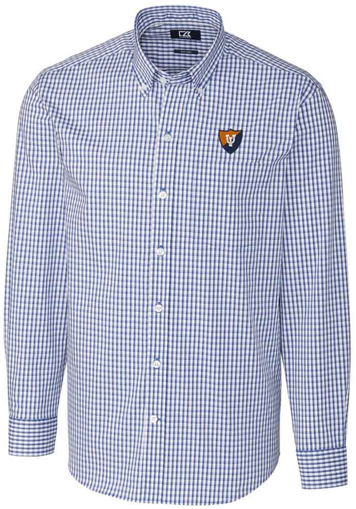 Cutter and Buck Illinois Fighting Illini Mens Blue Easy Care Gingham Long Sleeve Dress Shirt, Blue, 64% COTTON/32% POLY/4% SPANDEX, Size XL