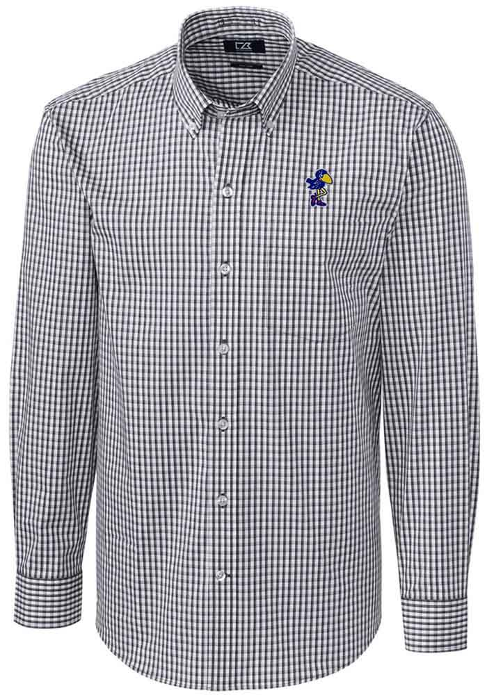 Cutter and Buck Kansas Jayhawks Mens Charcoal Easy Care Gingham Long Sleeve Dress Shirt, Charcoal, 64% COTTON/32% POLY/4% SPANDEX, Size XL