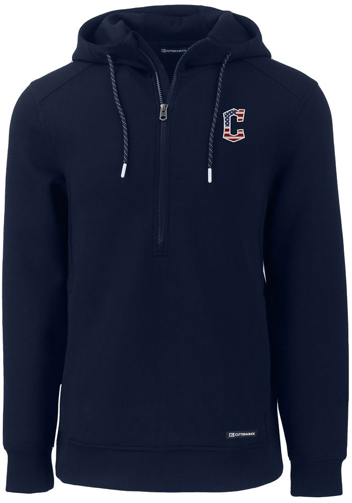Cutter and Buck Cleveland Guardians Mens Navy Blue Roam Long Sleeve Hoodie, Navy Blue, 65% POLYESTER / 31% RAYON / 4% SPANDEX, Size XL